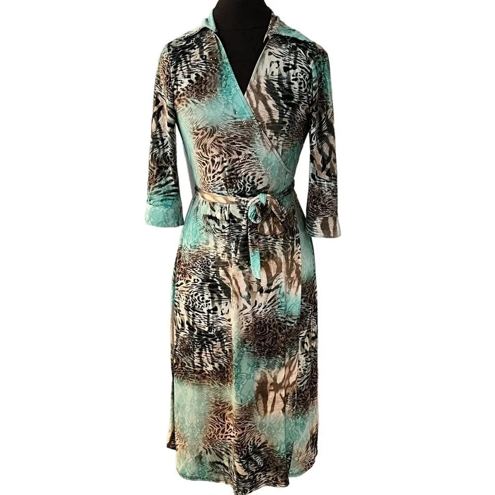 Caio Bella St Tropez Classic Aqua Brown Animal Print Wrap Dress Made in France M